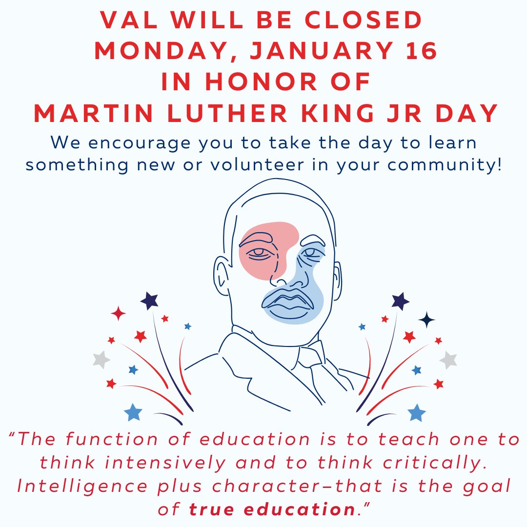 VTAdultLearning's tweet image. VAL will be closed on Monday, January 16 for Martin Luther King, Jr. Day. Check out our blog for some links to day-of-service ideas and local events honoring Dr. King!
vtadultlearning.org/blog/honoring-…