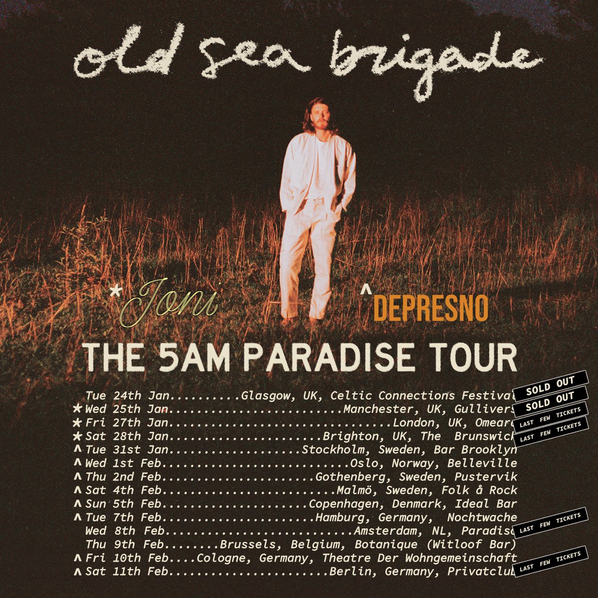 Thrilled to announce <a href="/ListentoJoni/">Joni</a> and <a href="/dePresnoMUSIC/">dePresno</a> will be supporting my upcoming tour! Glasgow is now SOLD OUT and we've released a limited number of tickets for LONDON. These tickets are moving fast so dont wait !! See you all soon. I'm very excited: oldseabrigade.com/tour