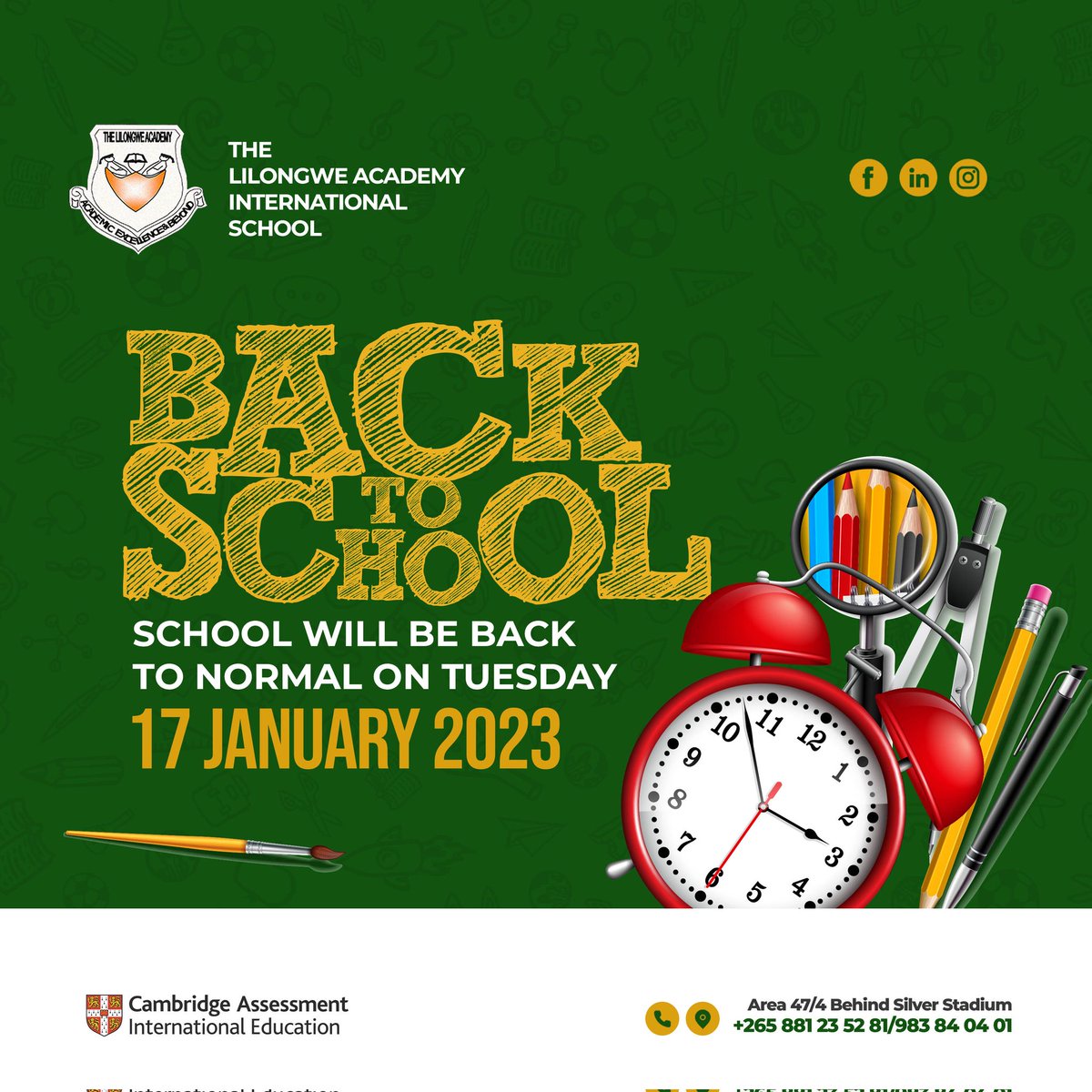 LilongweAcademy's tweet image. ☺️ We are happy to announce that school will be back to normal on Tuesday the 17th of January. 🔊🔈

We can&apos;t wait to see you next week!

#TLAIS #cambridgelearning