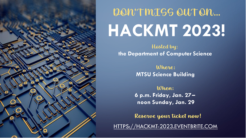CbasMtsu's tweet photo. The #HackMT is Back!
Sign up for the 2023 #hackathon 
@MTSUCSCI
 @mtsudatascience
 #mtsusciences #computerscience 
https://t.co/LUH2eOswVx https://t.co/CLSg85rTFl