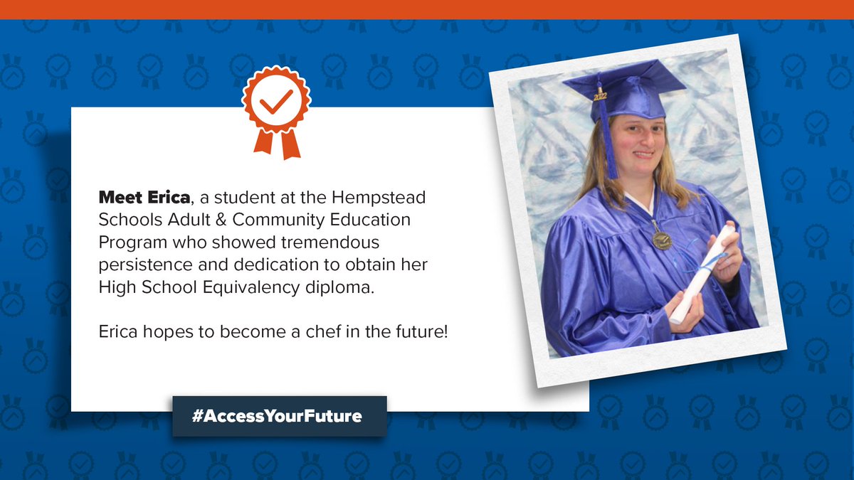 NYSEDNews's tweet photo. Meet Erica, a student at the Hempstead Schools Adult & Community Education Program who showed tremendous persistence and dedication to obtain her High School Equivalency diploma. Erica hopes to become a chef in the future! #AccessYourPotential #AccessYourFuture @HempsteadTigers https://t.co/1WkVGIk6md