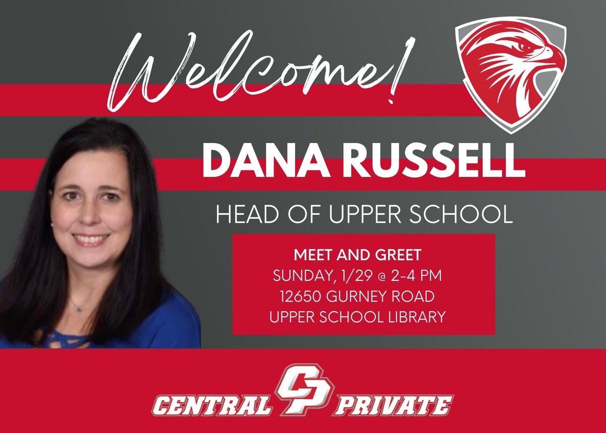 We would like to welcome Dana Russell as our new Head of Upper School! We invite you to join us for a reception in the Upper School Library on Sunday, January 29th from 2-4 pm to allow you an opportunity to meet her and welcome her to the Central Private family.