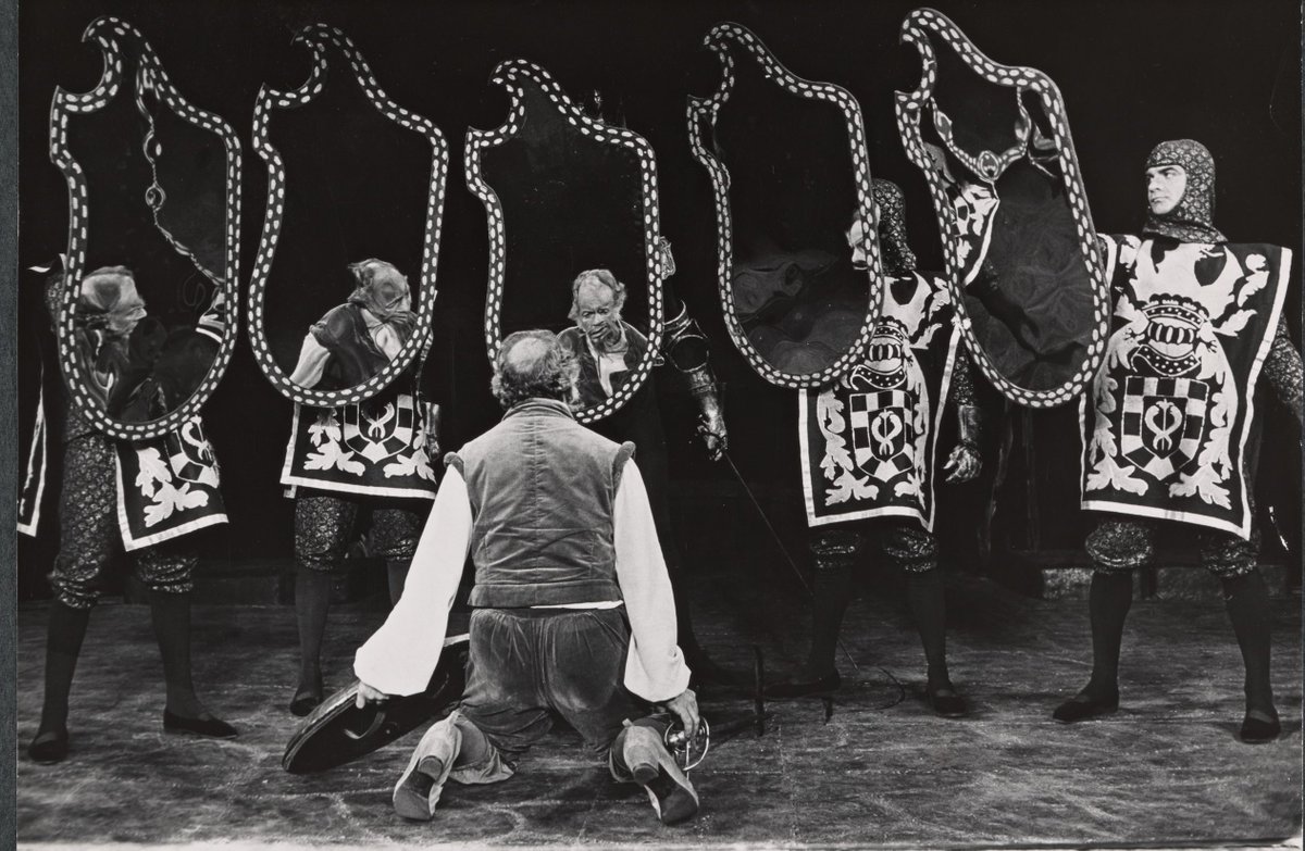 nypl_lpa's tweet image. ❌ Mirrors = bad luck. Improperly directed mirrors can send a blinding beam of light into the audience. Apparently, that superstition didn&apos;t hold for this 1960s production of Man of La Mancha, as evidenced from a photo on #NYPLDigitalCollections.