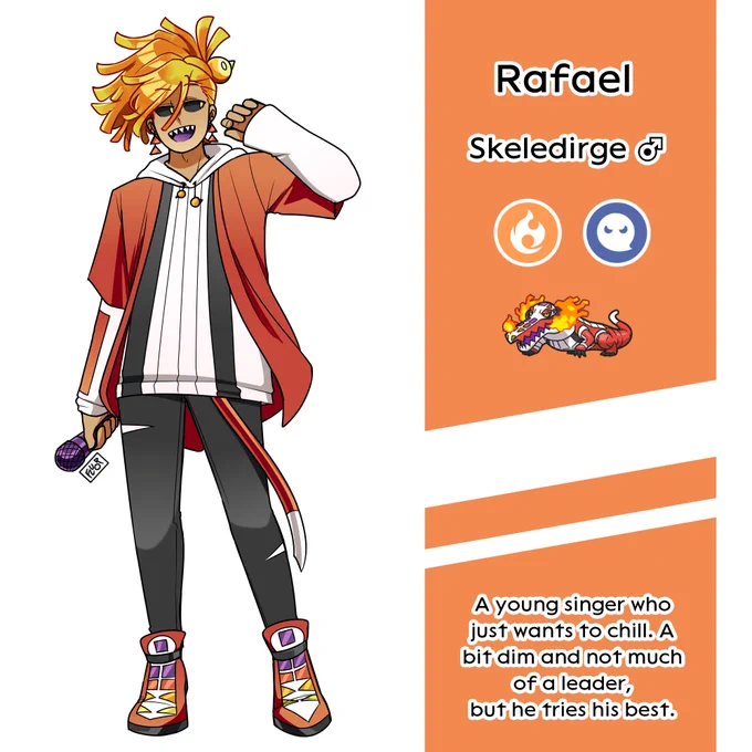 [#PokemonScarletViolet / #PokemonScarlet] The first four gijinka of my Pokemon Scarlet team! Added a little blurb talking about the design concepts in the corner. 14 more to go! 