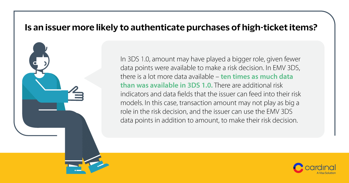 Is an issuer more likely to authenticate purchases of high-ticket items? This Cardinal #FAQFriday is here to answer that question! Check out our two part answer below ↓

#Payments #eCommerce #EMV3DS