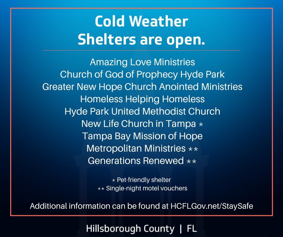 HillsboroughFL's tweet photo. With limited capacity, Hillsborough County's cold weather shelters program will be activated for two nights starting today, January 13, for those experiencing homelessness and those who live in homes without adequate heat. 

Details: https://t.co/hGyiIzw0lt https://t.co/BL8MUH1J2l