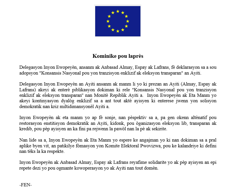 Kominike ansanm ak <a href="/EUDelegationHt/">L’Union européenne en Haïti</a> <a href="/ambafranceht/">La France en Haïti 🇫🇷🇪🇺</a> <a href="/AmbAlleHt/">Amb. Allemagne Haiti</a> <a href="/EmbEspHaiti/">Embajada de España en Haití / Ambassade d'Espagne</a>