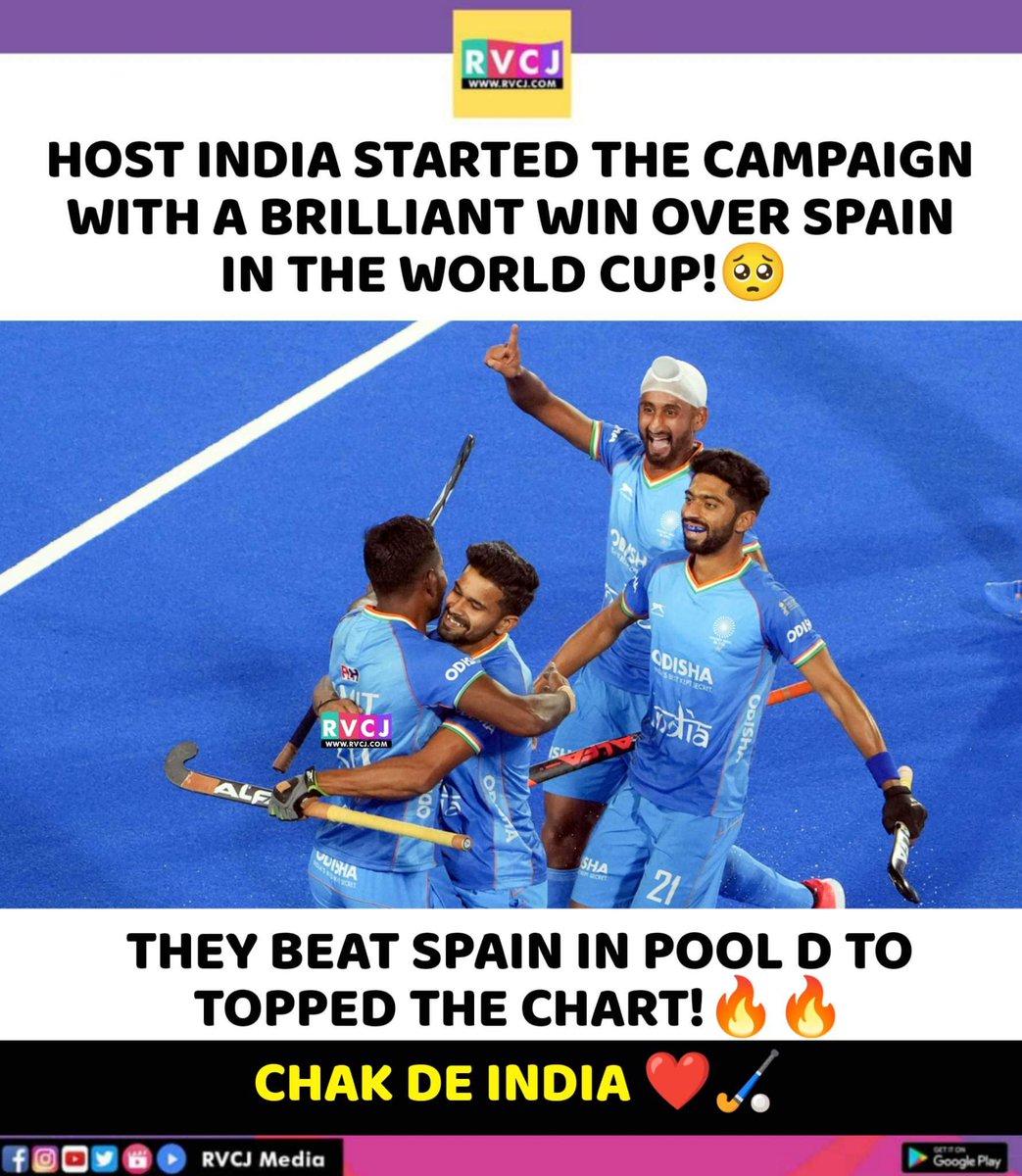 RVCJ_FB's tweet photo. India beats Spain by 2-0
#INDvsESP #HockeyWorldCup2023 #HockeyWorldCup https://t.co/dldc9rboRK