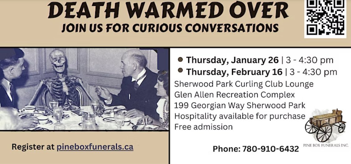 Do you find it hard to talk about death? 

Pine Box Funerals is hosting Death Warmed Over: Curious Conversations. These events are designed to bring greater awareness to & for those travelling the palliative care journey. 

To register⤵️
eventbrite.ca/e/death-warmed…

#PalliativeCare