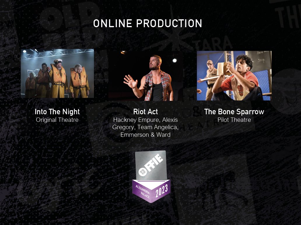 OffWestEndCom's tweet photo. CORRECTION: ๐ ONLINE PRODUCTION
Into The Night, Original Theatre
Riot Act, Hackney Empire/Alexis Gregory/Team Angelica/Emmerson & Ward
The Bone Sparrow, Pilot Theatre
#OffiesFinalist #Offies2023 https://t.co/W7Ljx5xGxY
