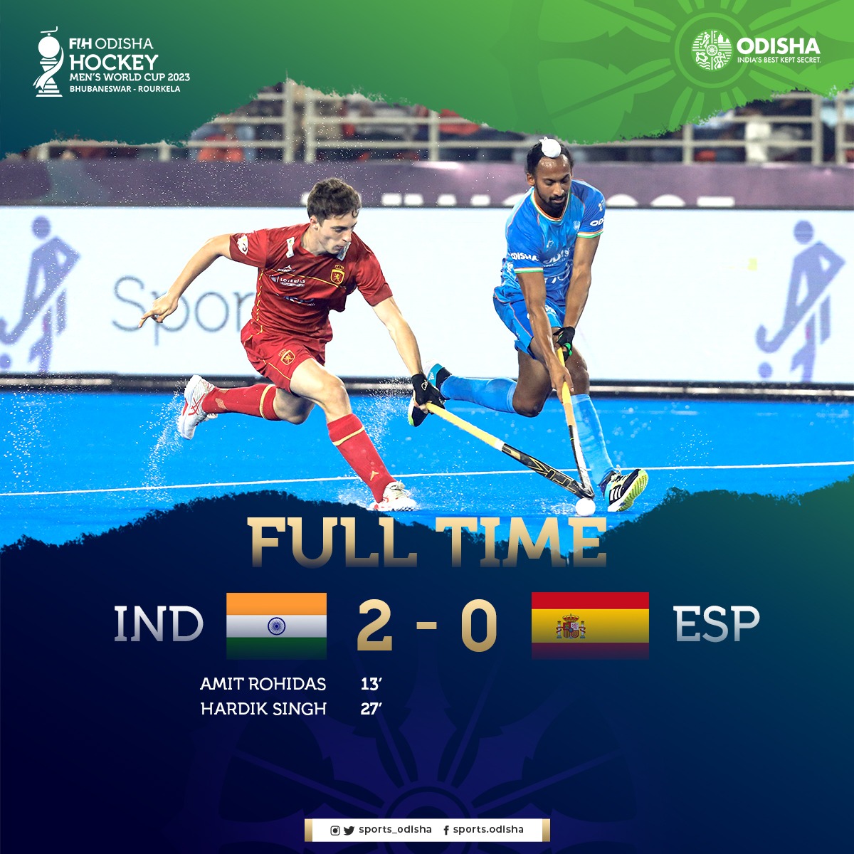 sports_odisha's tweet photo. 🏑 | MATCHDAY |  Full -Time | Team India started their #HWC2023 campaign with an impressive 2-0 win against Spain.

🇮🇳 2-0 🇪🇸

#HWC2023 #INDvsESP #OdishaForHockey #HockeyWorldCup2023 #HockeyComesHome #HockeyWorldCup #IndiaKaGame https://t.co/16maGdrFII