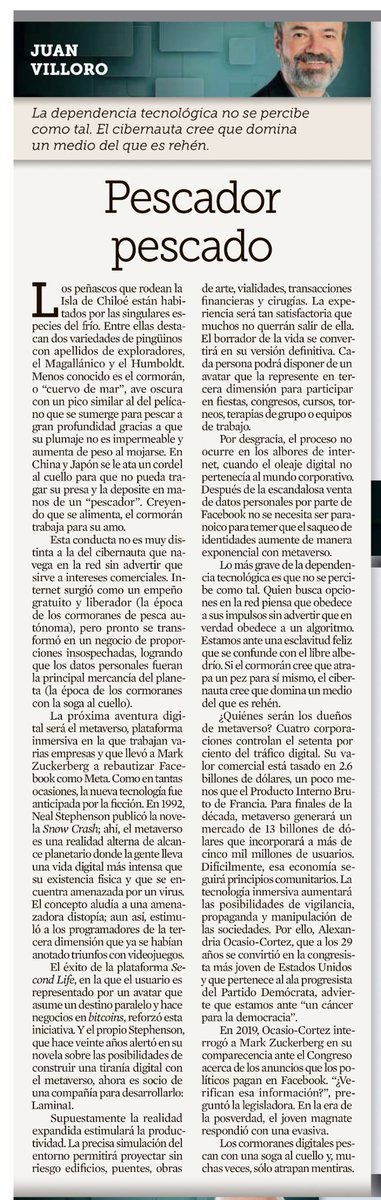 DBrondo's tweet photo. Redes, metaverso, control algorítmico y manipulación digital. El mundo que viene. ⁦@JuanVilloro56⁩ hoy en ⁦@Reforma⁩. Lectura imprescindible. https://t.co/PdnCQnePRV