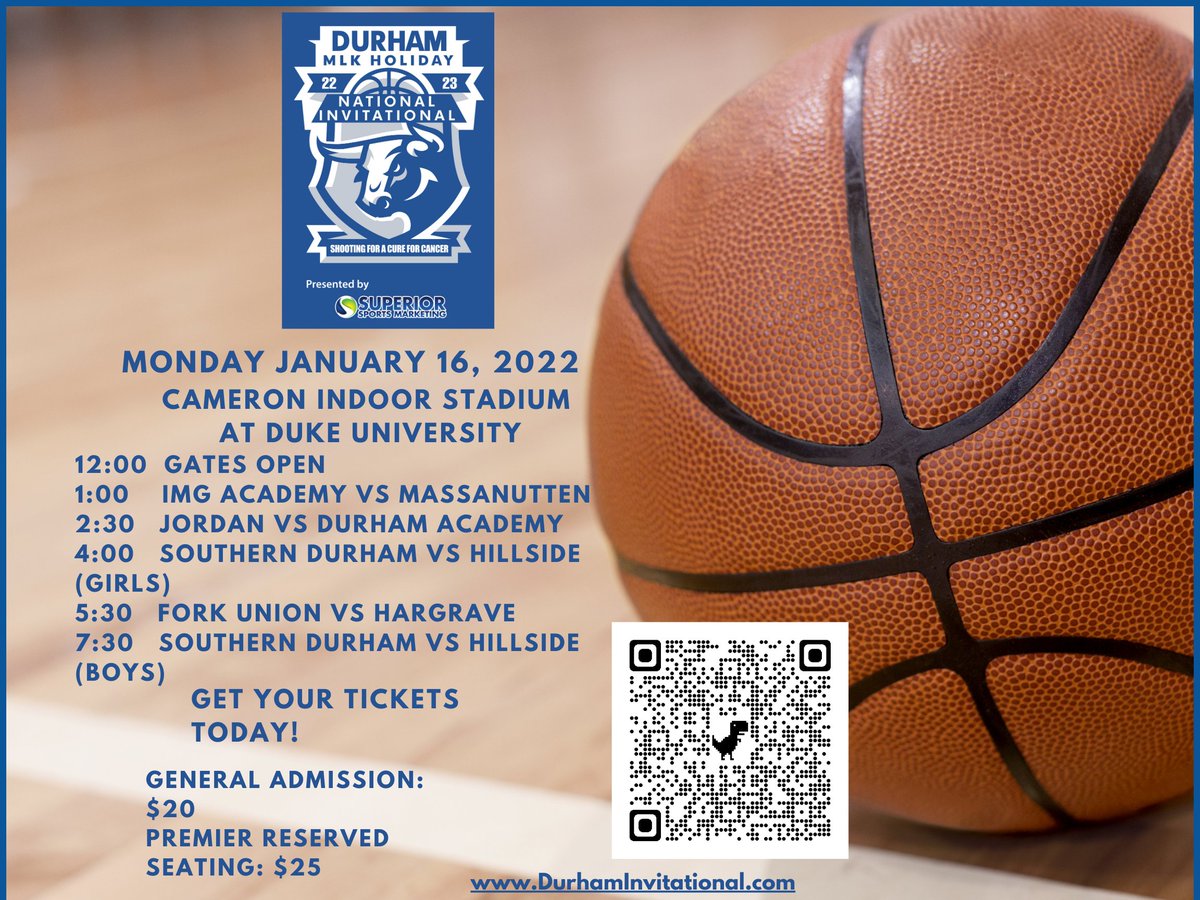 durhamholidayc's tweet photo. Get your tickets now!  Great basketball in 3 days! Scan the code. https://t.co/yzT1xQhGpr