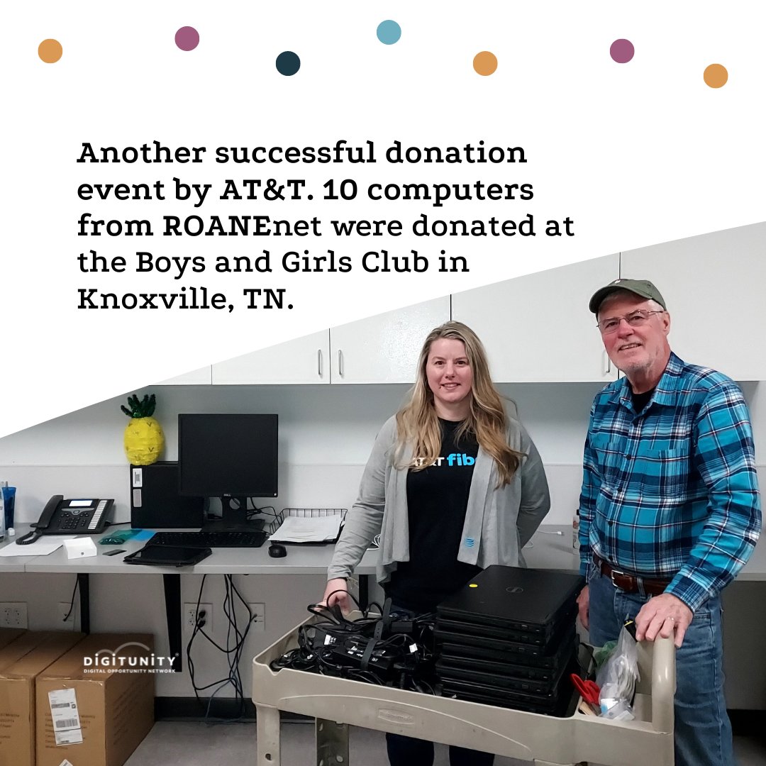digitunity's tweet image. Recently, 10 computers were donated to the @bgctnv, at an event organized by @ATTImpact. @ROANEnet helped provide the computers for this successful donation event.

#ATTImpact #NonProfitNetwork #DigitalInclusion #DigitalEquity