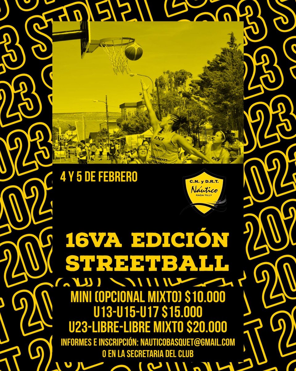 STREETBALL 2023. 
Cada vez falta menos, y vos no te podes perder esta nueva edición. 
❗️Para inscribirte podes acercarte a la secretaria del club o comunicarte vía mail. 
📩Nuestro mail nauticobasquet@gmail.com 
⚠️Cierre de inscripción Viernes 27 de enero  #orgulloaurinegro💛🖤💛