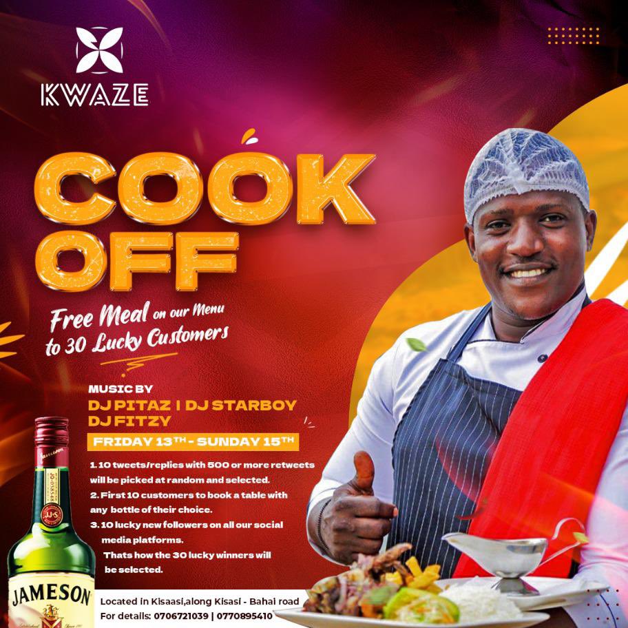 Mugibson's tweet photo. The #KwazeCookOff is happening at #KwazeKLA situated in Kisaasi on Bahai Road & is on all the way to Sunday. ๐
Itโs FREE meals on the house for the very first lucky 30 folks to come through. The cost of the drink is on them though. ๐
For inquiries โ๏ธ 0706721039 or 0770895410. https://t.co/1BCdjQqbHp