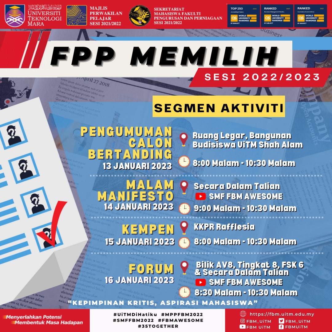 smffpp's tweet photo. JUMAAT | 13 JANUARI 2023

Assalamualaikum WBT
Salam Sejahtera dan
Salam UiTM Di Hatiku. 

[MAKLUMAN BERKENAAN AKTIVITI SEPANJANG PERJALANAN PROGRAM FPP MEMILIH SESI 2022/2023] https://t.co/vOYkMD6ygo