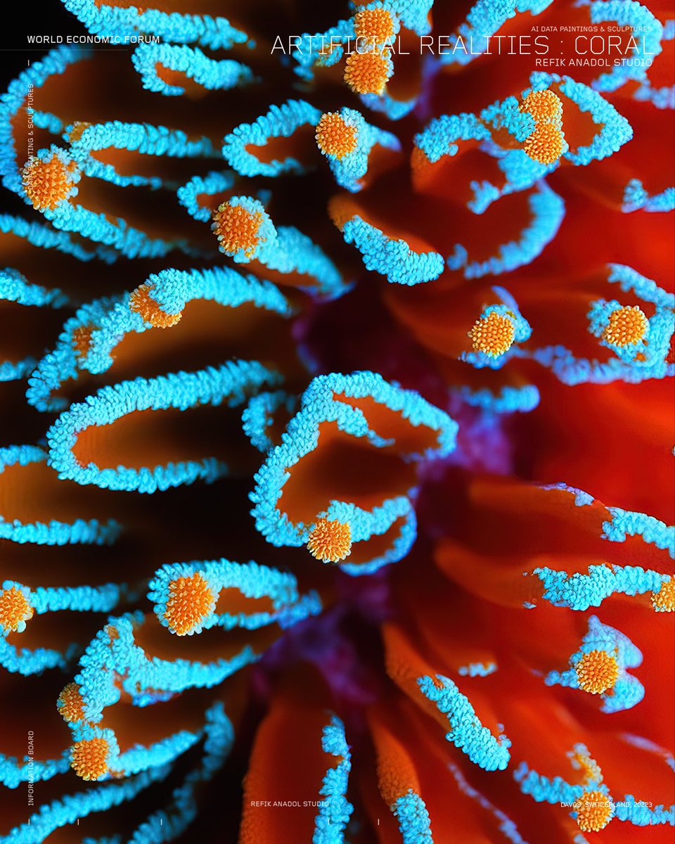 refikanadol's tweet photo. Dear friends, excited to share our new generative AI project —  Artificial Realities : Coral commissioned by World Economic Forum @Davos unveiling in Davos 16th of January! We will be sharing our studio’s journey with NFTs as public art and DATALAND! More coming soon!!! https://t.co/2xHDuHkzov