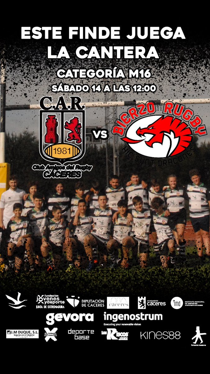 Mañana #VENALRUGBY
⁦<a href="/CARCaceres1981/">C.A.R. CÁCERES</a>⁩ M16
Juega en El Cuartillo la Liga Asisa ⁦<a href="/FRCyL/">FRCyL</a>⁩ 
recibiendo la visita de ⁦<a href="/RugbyBierzo/">Bierzo Rugby</a>⁩ 
⏰ 12:00h