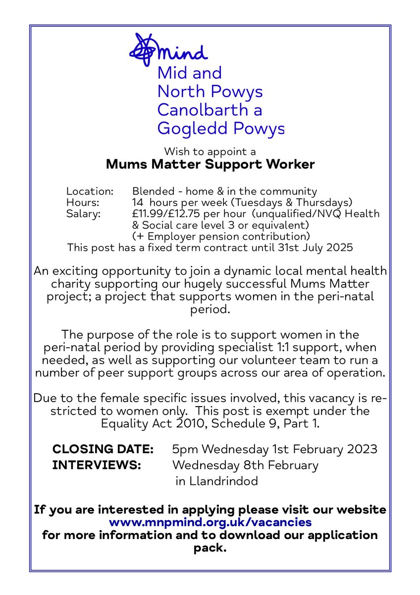 New job opportunity at Mid &amp; North Powys Mind.  We are looking for a Mums Matter Support Worker. For more information and a job application please see our website: mnpmind.org.uk/vacancies