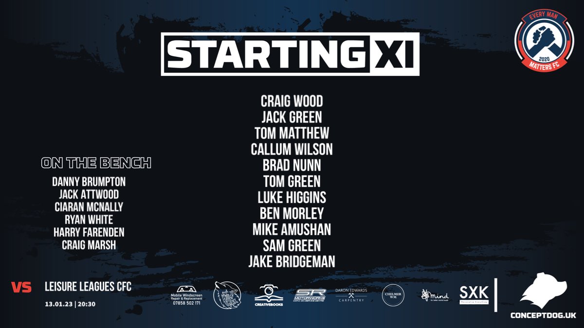 Here is how your “Every Man Matters FC” will line up for tonight’s fixture …. Win, Lose or Draw, Charity will always be the number 1 motive 💚