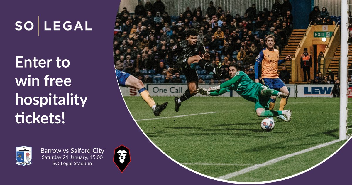 SOLegalUK's tweet photo. We're giving away 5 free hospitality tickets for @BarrowAFC vs Salford City on Jan 21. Hot buffet and free bottomless drinks before kick-off, at half-time and after the match! 

To win, tell us your favourite Barrow goal at the SO Legal Stadium this season!

Winner announced Weds https://t.co/5YPHvFbJWO