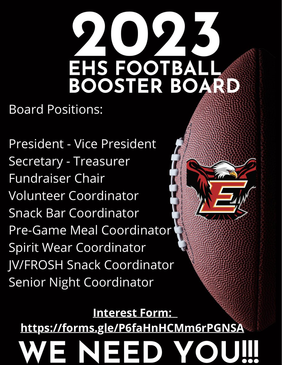 Attention incoming Eagle Freshman Football Parents and all returning Football Parents, come be a part of our Champion Family! Sign up for our EHS Football Booster Club TODAY!
<a href="/EtiwandaFB/">Etiwanda High Football</a> <a href="/EHSAthletics/">Etiwanda Athletics</a> @EHS_Achievement <a href="/EtiwandaRed/">Principal Wolfe</a> <a href="/EHSAchieve/">Julie</a> <a href="/EHighCC/">🦅 Etiwanda High School Community Connection 🦅</a>