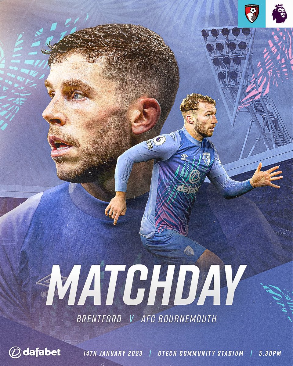 afcbournemouth's tweet photo. Back in league action 👊

🆚 @BrentfordFC
🏟 Gtech Community Stadium 
🏆 @premierleague
⏰ 5.30pm kick-off 
#️⃣ #BREBOU 

Let's go, lads 🔥🔥 https://t.co/dGesnLdiTU