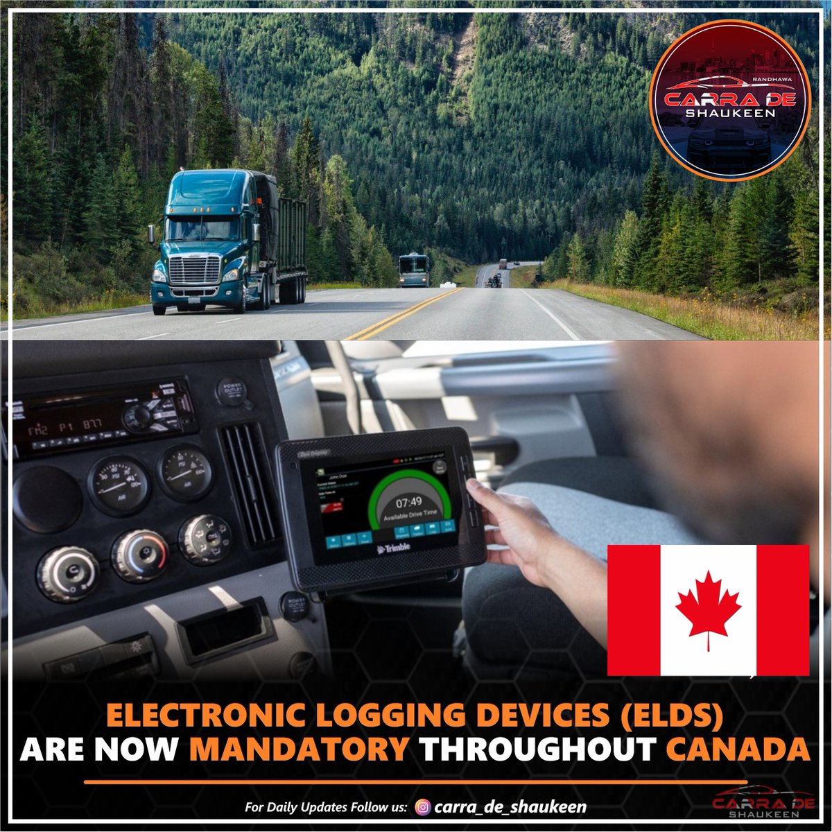 Carradeshaukeen's tweet image. (ELD) mandate in Canada requires commercial drivers to use a certified ELD to record their hours of service (HOS).

The exception is Quebec, which will not enforce the mandate until June 1.

➡️ @401_da_sarpanch 
#elds #electronicloggingdevice #canada 
#canadatrucking #truckers