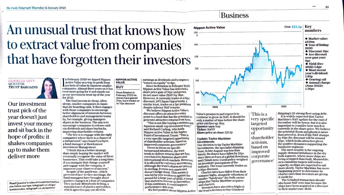 In my latest Questor column for <a href="/Telegraph/">The Telegraph</a>, I highlighted Nippon Active Value - an unusual investment trust that doesn't sit back and wait for Japanese companies to deliver profits, it shakes them up so they deliver more