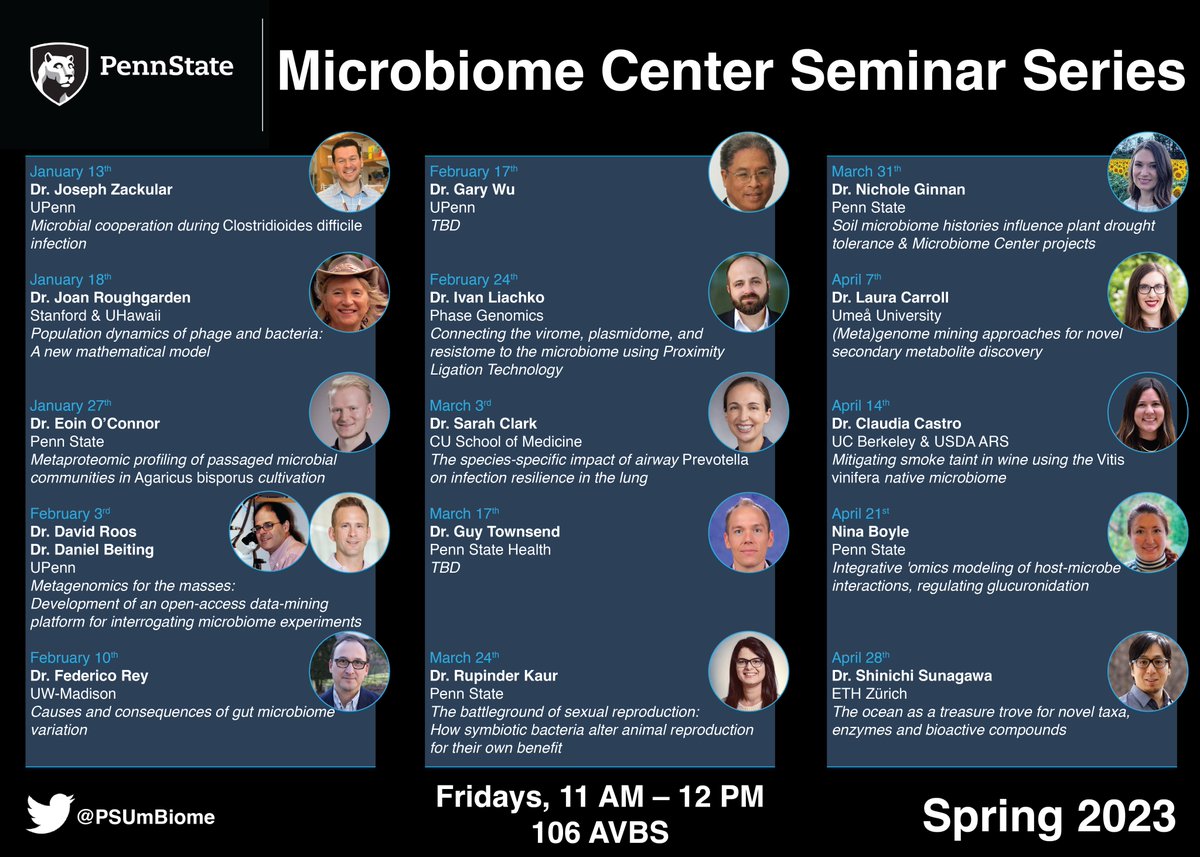One Health Microbiome Center (@psumbiome) on Twitter photo Join us on Fridays @ 11am ET this semester to hear from our amazing speakers!
<a href="/PSUresearch/">Penn State Research</a> <a href="/joeyzacks/">Joe Zackular</a> <a href="/JoanRoughgarden/">Joan Roughgarden</a> <a href="/BiofilmClaudia/">Claudia A. Castro</a> <a href="/hostmicrobe/">Daniel Beiting</a> <a href="/ivanliachko/">Ivan Liachko 🇺🇦 @ivanliachko.bsky.social</a> @Botanichole <a href="/SunagawaLab/">Microbiome Research</a> <a href="/ep_oconnor/">Eoin O'Connor</a> <a href="/KaurTweets/">Rupinder Kaur, PhD</a> <a href="/ClarkLab5280/">Sarah E. Clark</a>
Off campus? DM us for webinar link. Join us on Fridays @ 11am ET this semester to hear from our amazing speakers!
<a href="/PSUresearch/">Penn State Research</a> <a href="/joeyzacks/">Joe Zackular</a> <a href="/JoanRoughgarden/">Joan Roughgarden</a> <a href="/BiofilmClaudia/">Claudia A. Castro</a> <a href="/hostmicrobe/">Daniel Beiting</a> <a href="/ivanliachko/">Ivan Liachko 🇺🇦 @ivanliachko.bsky.social</a> @Botanichole <a href="/SunagawaLab/">Microbiome Research</a> <a href="/ep_oconnor/">Eoin O'Connor</a> <a href="/KaurTweets/">Rupinder Kaur, PhD</a> <a href="/ClarkLab5280/">Sarah E. Clark</a>
Off campus? DM us for webinar link.