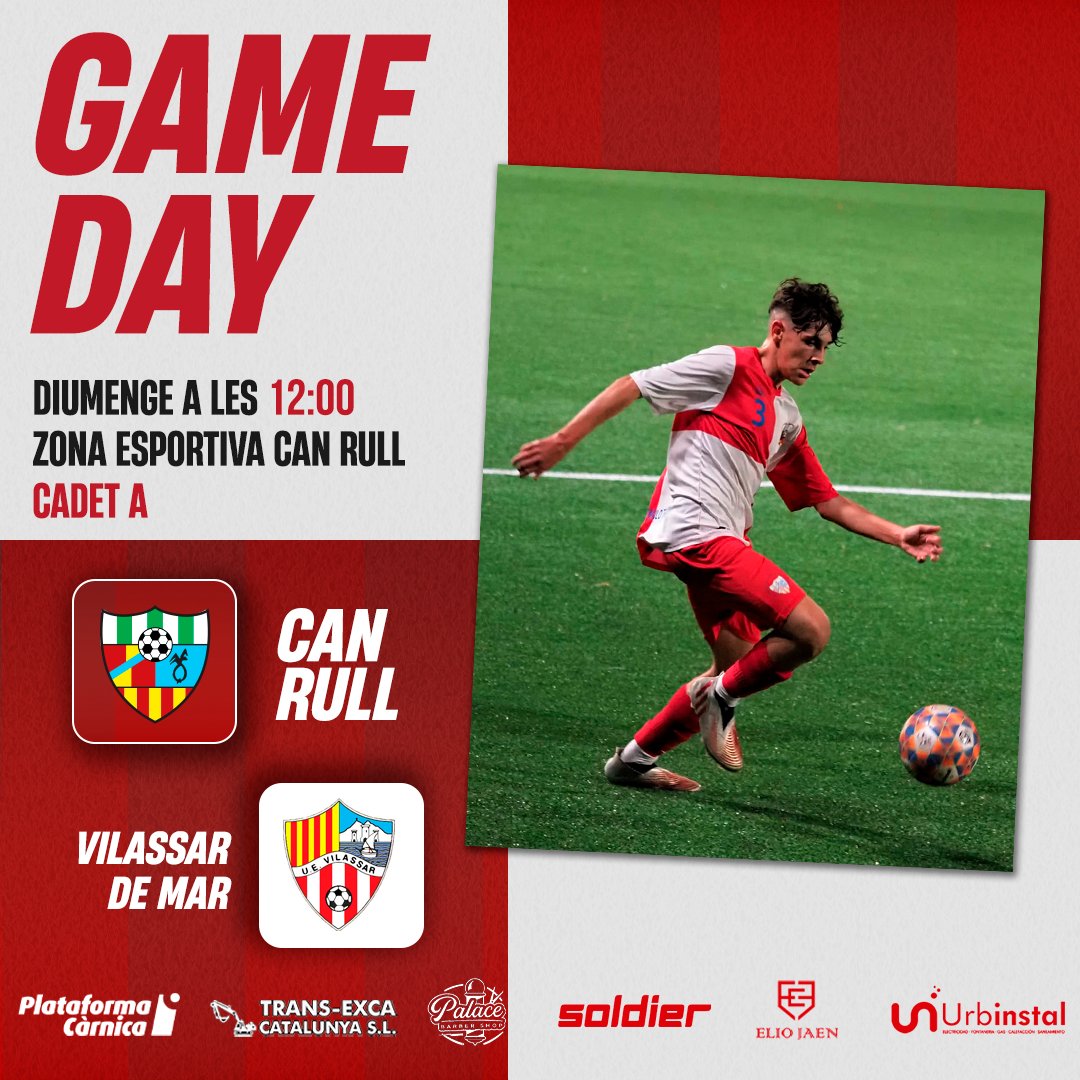 CFUCanrullRT's tweet photo. ⚡️GAMEDAY - Cadet A

📅 Diumenge 15/01
🕖 12:00h
🆚 @UEVilassardeMar 
 
🏟 Zona Esportiva Can Rull

#FeelTheRull https://t.co/ZqsmSCkay8