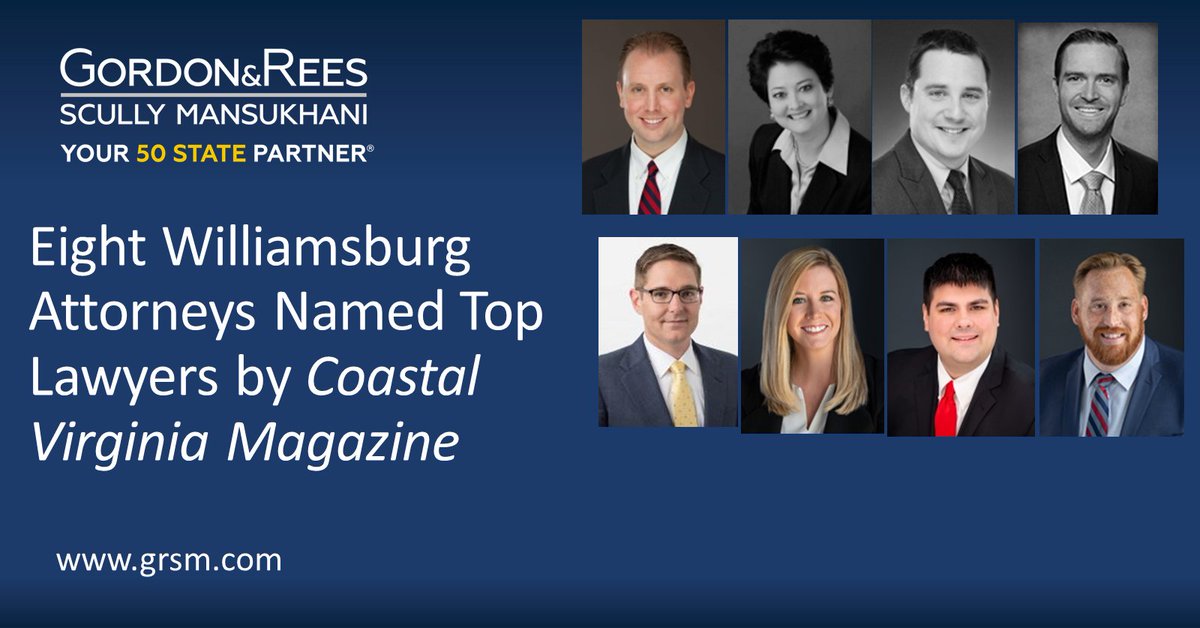 Gordon Rees Scully Mansukhani (@gordonreesllp) on Twitter photo Eight Gordon & Rees Williamsburg Attorneys Named Top Lawyers for 2023 by Coastal Virginia Magazine
ow.ly/lwos50Mql7O
<a href="/coastalvamag/">Coastal Virginia Mag</a> #litigation #civillitigation #employmentlaw #williamsburgva #lawfirm #virginiabusiness #virginialaw #legal #law #lawyers #grsm #gordonrees Eight Gordon & Rees Williamsburg Attorneys Named Top Lawyers for 2023 by Coastal Virginia Magazine
ow.ly/lwos50Mql7O
<a href="/coastalvamag/">Coastal Virginia Mag</a> #litigation #civillitigation #employmentlaw #williamsburgva #lawfirm #virginiabusiness #virginialaw #legal #law #lawyers #grsm #gordonrees
