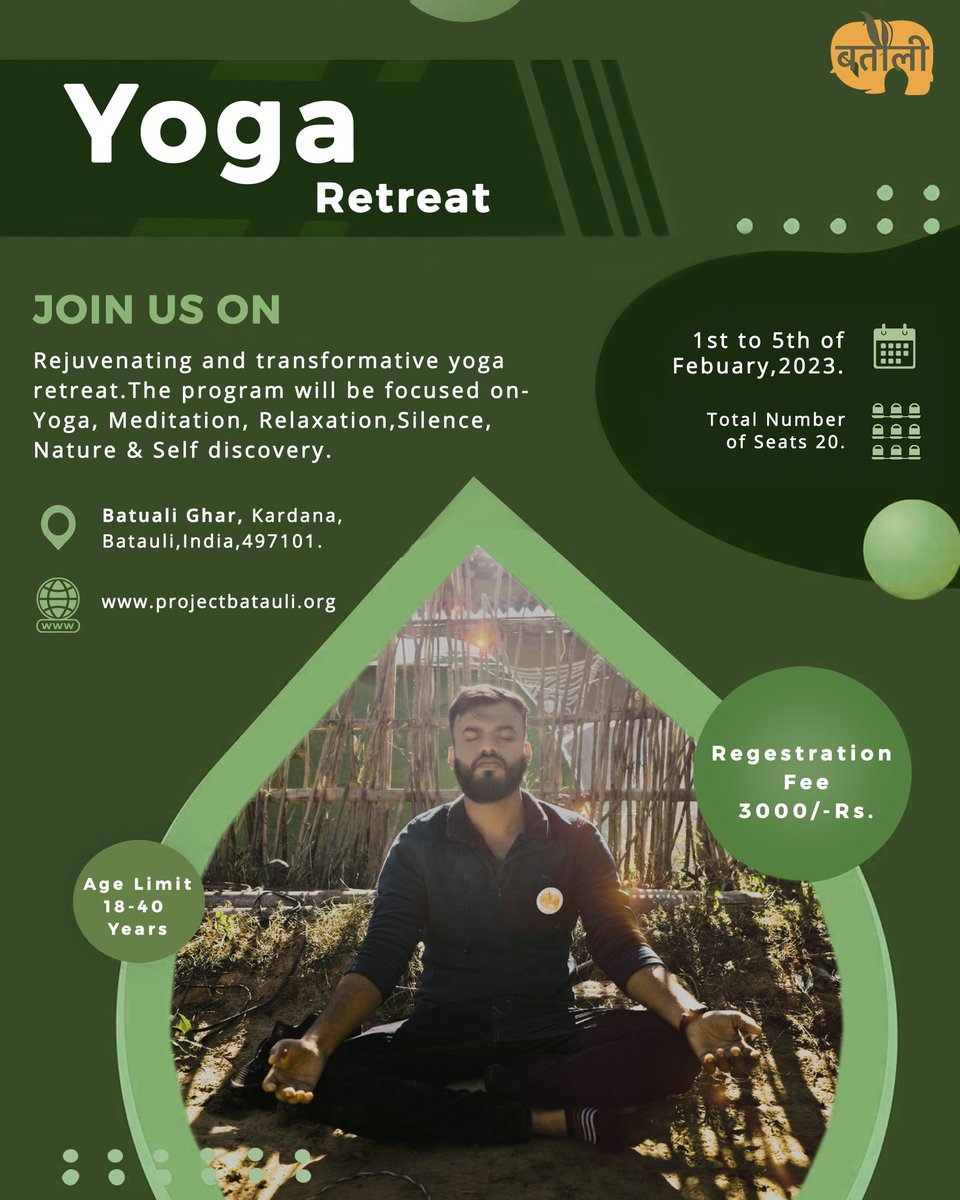 projectbatauli's tweet photo. Project Batauli yoga retreat program 😀
Do register and book your seats now 😇
1-5 February At Batauli Ghar, Kardana 
Registration link 👇🏼
https://t.co/DaJQ58VE2M https://t.co/8sESvyEbvu