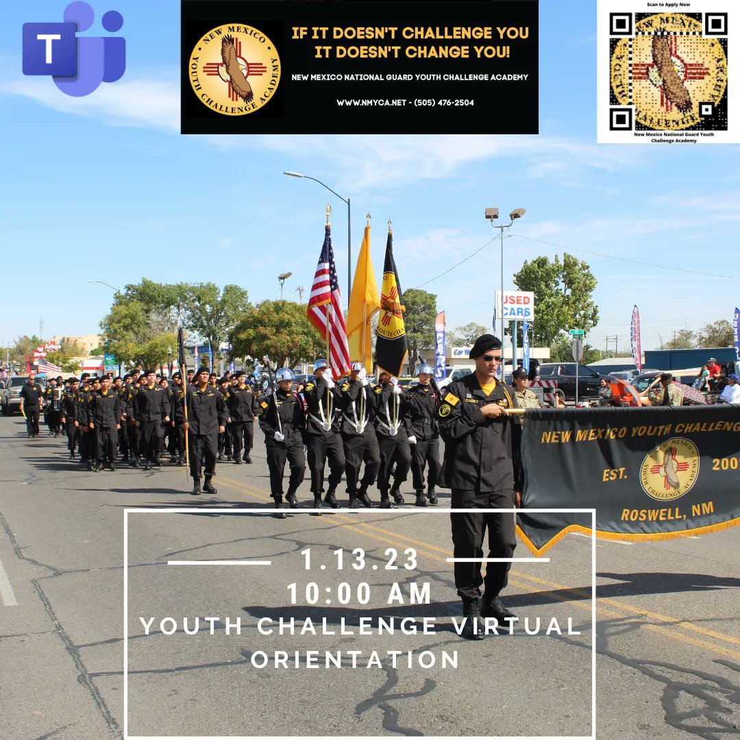 If anyone has even the slightest curiosity about the NM Youth ChalleNGe Academy, join our virtual orientation and learn all about us. You might not need our help but I guarantee someone in your life does. 

Click here to join today's 10 am Orientation. buff.ly/3EB20K4