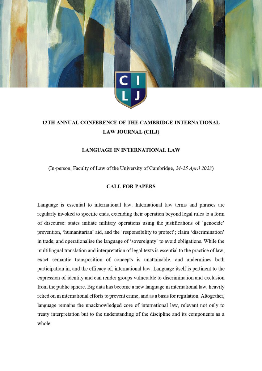 CILJconference's tweet photo. Reminder: the deadline for abstract submissions to the 12th Annual Cambridge International Law Conference is in one week: 20 January 2023, at 11.59 GMT. https://t.co/RAI4h3Sru9