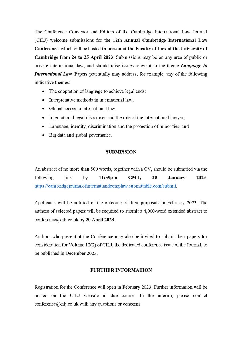 CILJconference's tweet photo. Reminder: the deadline for abstract submissions to the 12th Annual Cambridge International Law Conference is in one week: 20 January 2023, at 11.59 GMT. https://t.co/RAI4h3Sru9