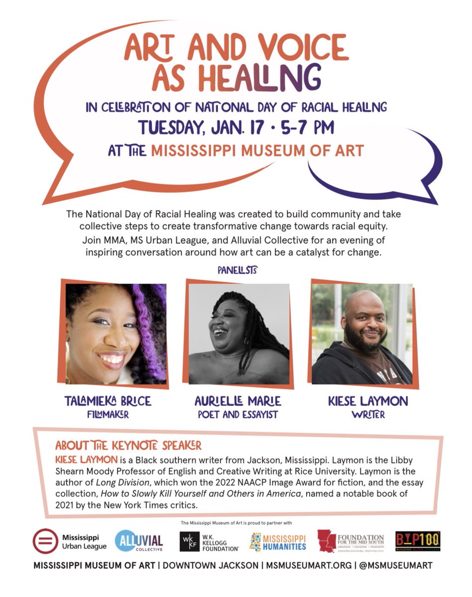 Really excited to have these three voices under the same roof on next Tuesday 🥹 <a href="/YesAurielle/">aurielle is off socials.</a> <a href="/talamieka/">talamieka brice</a> @KieseLaymon - come out for some free food, community building and art making! Register here 10432.blackbaudhosting.com/10432/National…