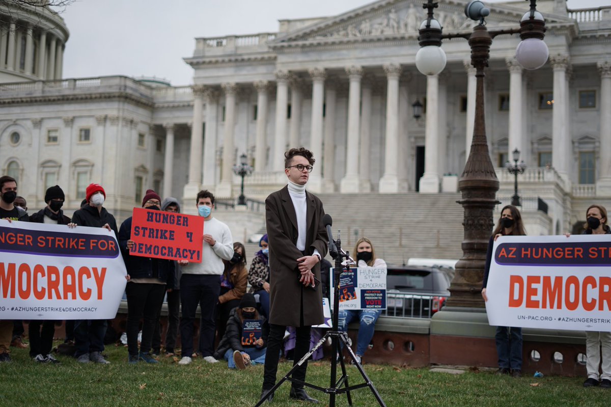 LetsUnpac's tweet image. One year ago today, we began our second #HungerStrike4Democracy to highlight the urgency of passing the Freedom to Vote Act. The bill ultimately didn’t pass, but we showed our politicians that our generation won’t stop fighting until we get the change WE need.