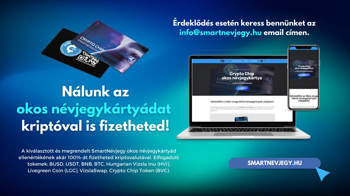 CryptoChipToken's tweet image. Crypto Chip - SmartNévjegy

We offer a new opportunity for our customers! You can now pay 100% with cryptocurrency for SmartNévjegy available from us. We provide a secure and easy way to pay using blockchain technology. 

💻 smartnevjegy.hu
✉️ info@smartnevjegy.hu