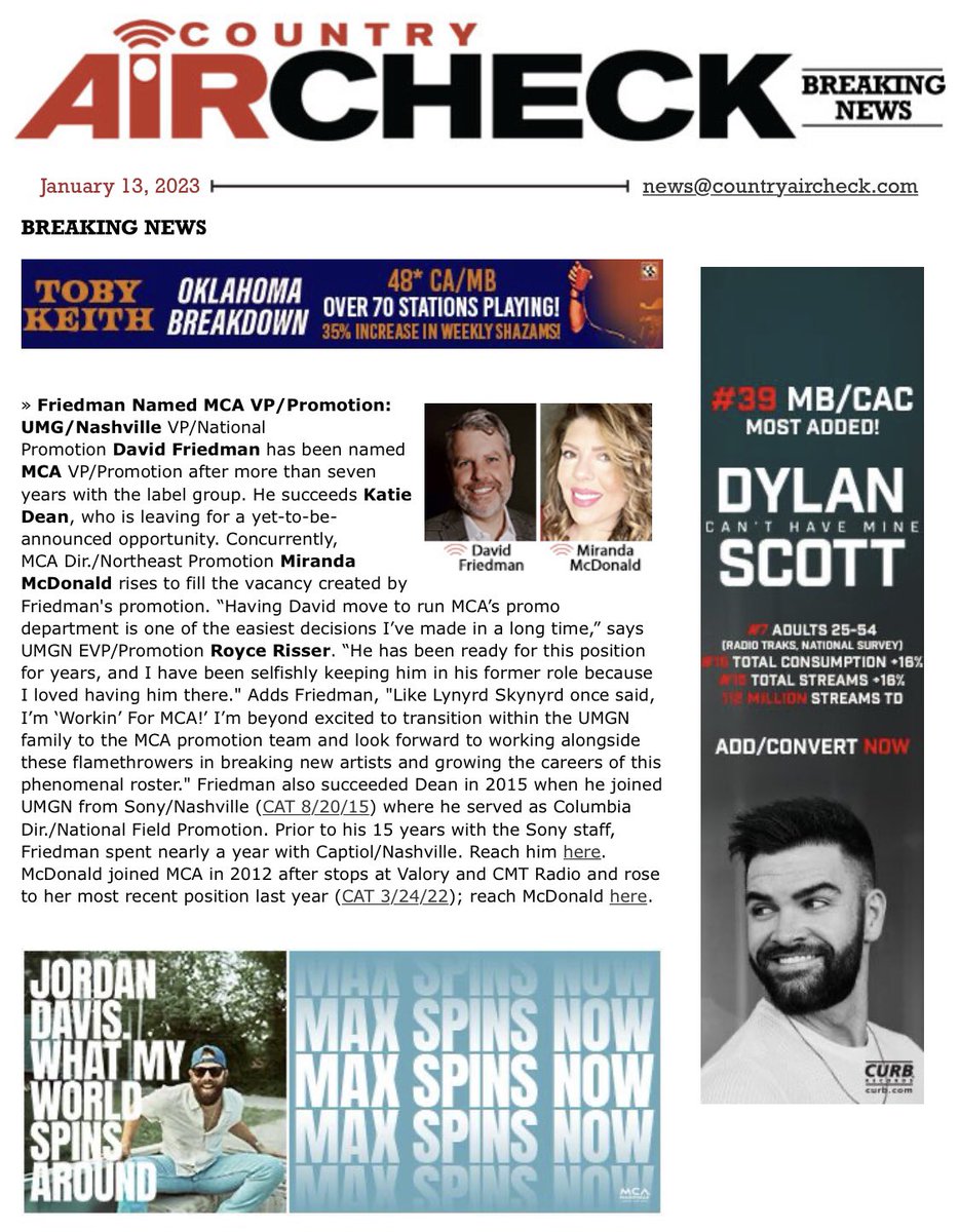 #BreakingNews: UMGN’s David Friedman named MCA VP/Promotion, MCA’s Miranda McDonald roses to succeed Friedman. More here:

t.e2ma.net/message/wu8fuv…

#CountryMusic #Radio #Nashville #MusicIndustry #MusicBusiness
