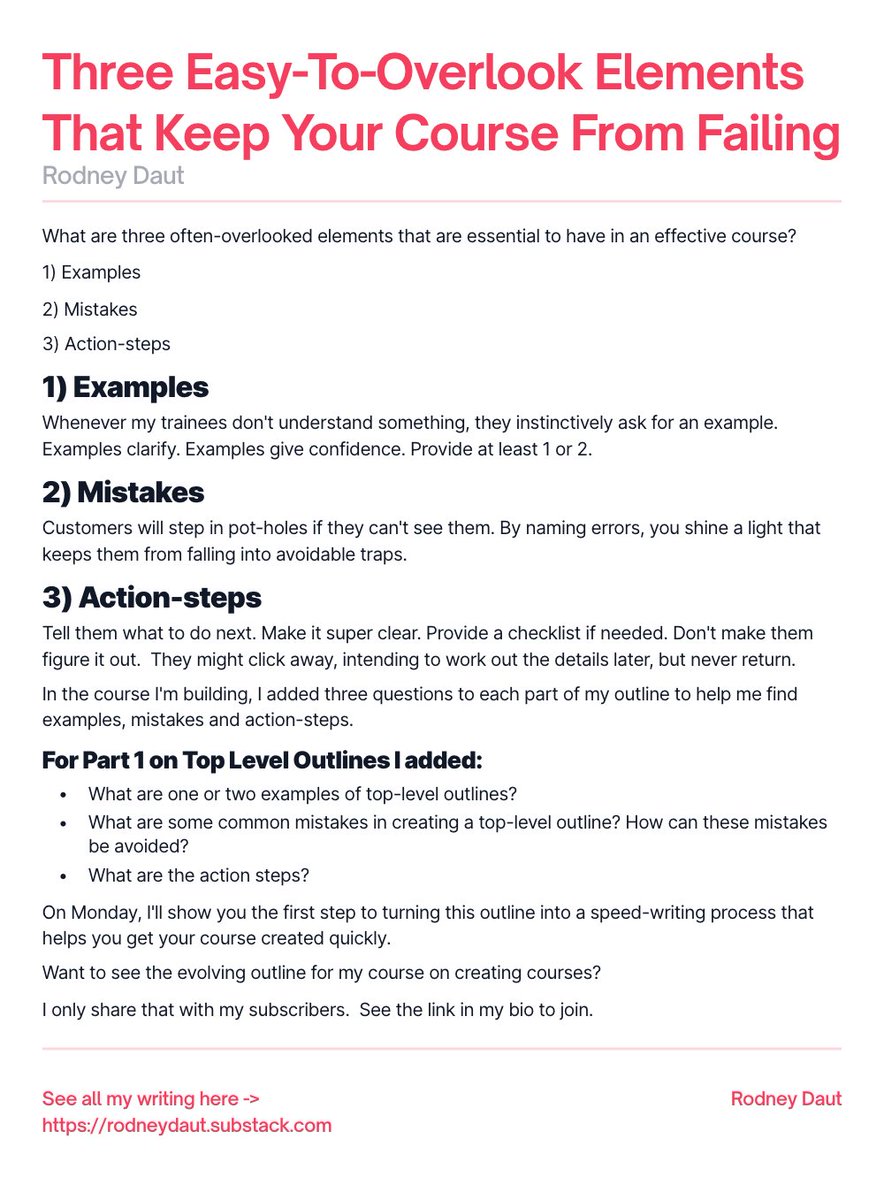 roddaut's tweet photo. Three Easy-To-Overlook Elements That Keep Your Course From Failing

Miss just one of these and your customer's success rates plummet.

#ship30for30
#twitter100 https://t.co/uOL2irNnim