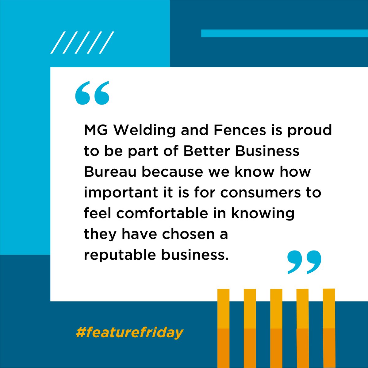 CentralTexasBBB's tweet image. Happy #FeatureFriday to #Poteet-based, #BBB Accredited Business MG #Welding &amp;amp; #Fences! #Owner Marvin Galan let us know why he’s proud of his recent #accreditation status.

#BetterBusinessBureau #StartWithTrust #AccreditedBusiness #LocalBusiness #SmallBusiness #Texas #Business