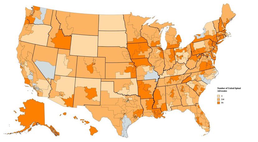 UnitedSpinal's tweet photo. The United Spinal Association Advocacy Network is continuing to grow! We have 1,568 registered advocates in 414 out of 435 Congressional districts. Become a registered advocate and join the #RollingRevolution: https://t.co/PD2j2GpXzk https://t.co/AzNfB8rkQV