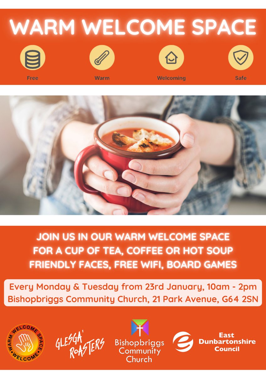 We’re opening <a href="/GlesgaRoasters/">GlesgaRoasters</a> coffee shop as a #WarmWelcomeSpace every Monday and Tuesday, 10am-2pm, from the 23rd January. Come along for a free cuppa and a chat, some hot soup and a nice space to relax. Thanks to <a href="/EDCouncil/">East Dun Council</a> for funds to support this.