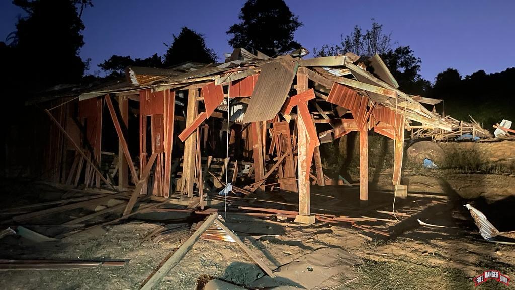 NUGPressSPOX's tweet photo. SAC recent airstrikes kill 2 year old baby, mother, pastor, catholic deacon and villager, 2 churches among many destroyed buildings, 3 civilians injured in Karen State. #Myanmar military's deliberate targeting of civilians is a war crime. #WhatsHappeningInMyanmar https://t.co/at10Hx9JZL