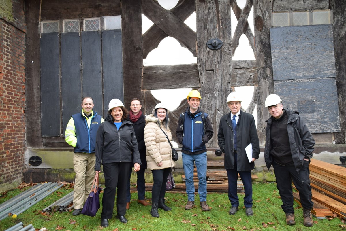 HistoricEngland's tweet photo. Fantastic to see the start of repair works at Wythenshawe's medieval gem Grade I listed Baguley Hall alongside @MikeKaneMP Shadow Heritage Minister @JeffSmithetc and amazing local volunteers Libby, David and Matthew @BaguleyHallFoBH. https://t.co/Uu4JIeqqZZ