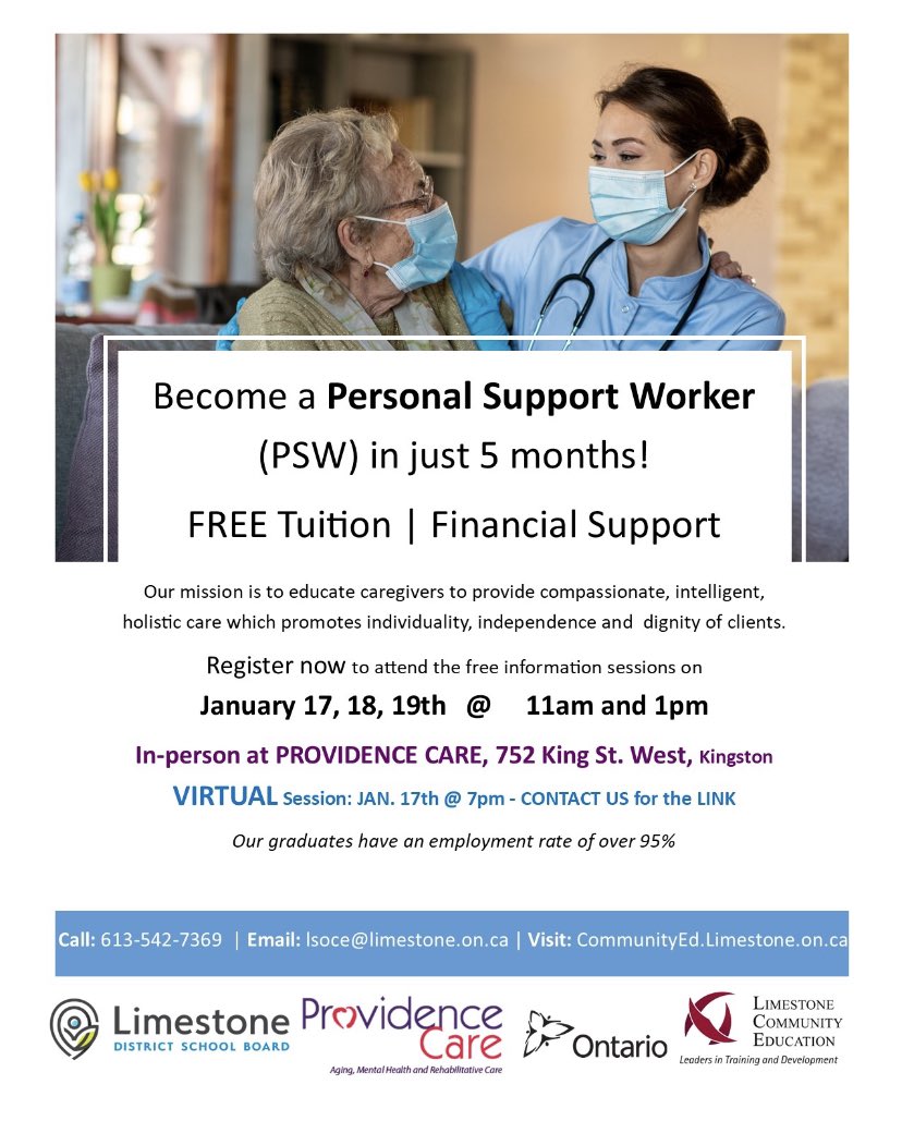 More info sessions next week! Apply to the <a href="/LimestoneDSB/">Limestone District School Board</a> #PSW program today! #CommunityEducation <a href="/Restartjobs/">ReStart</a> @KEYSCanHelp <a href="/keysjobcentre/">KEYS Job Centre</a> <a href="/SEHealth_SEHC/">SE Health</a>