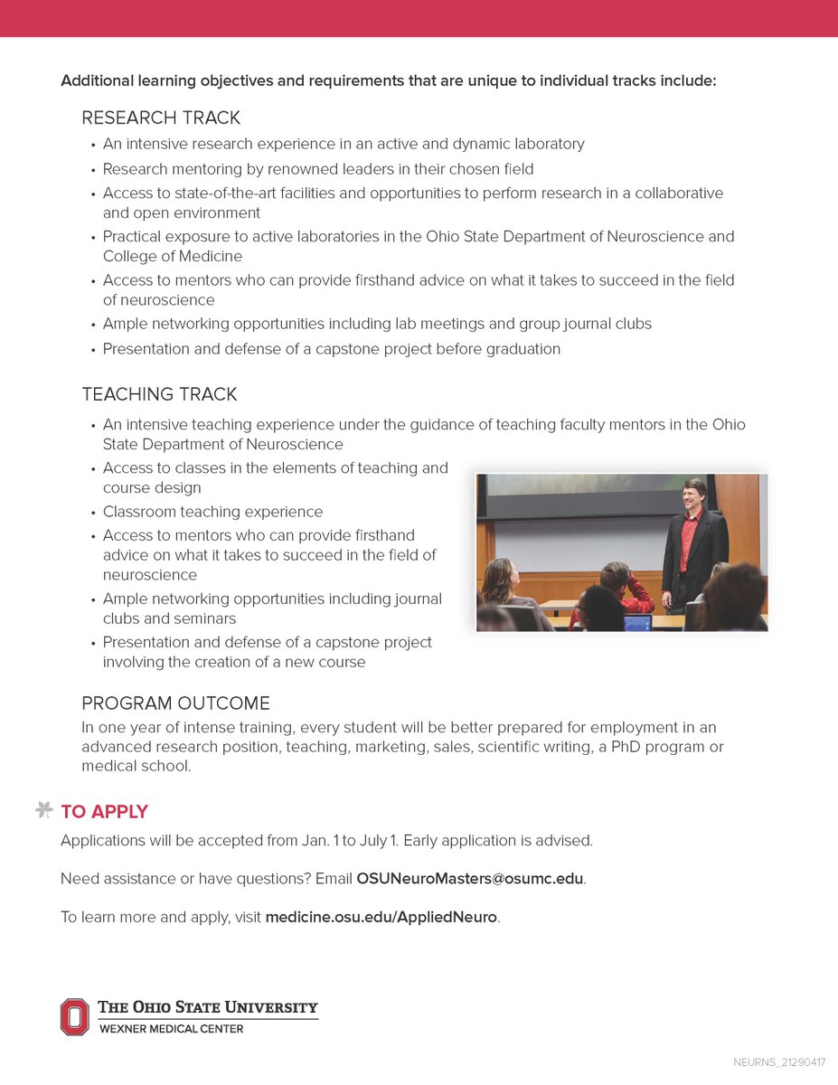 OSUNeuroscience's tweet photo. 📣 Calling all future Neuroscientists 📣 Applications to our Master's in Applied #Neuroscience Program NOW OPEN! Check our website at the link for more information and to apply 🧠 #BuckeyeNeurosci
https://t.co/VyorrxpoPc https://t.co/5Sxyqn85ED
