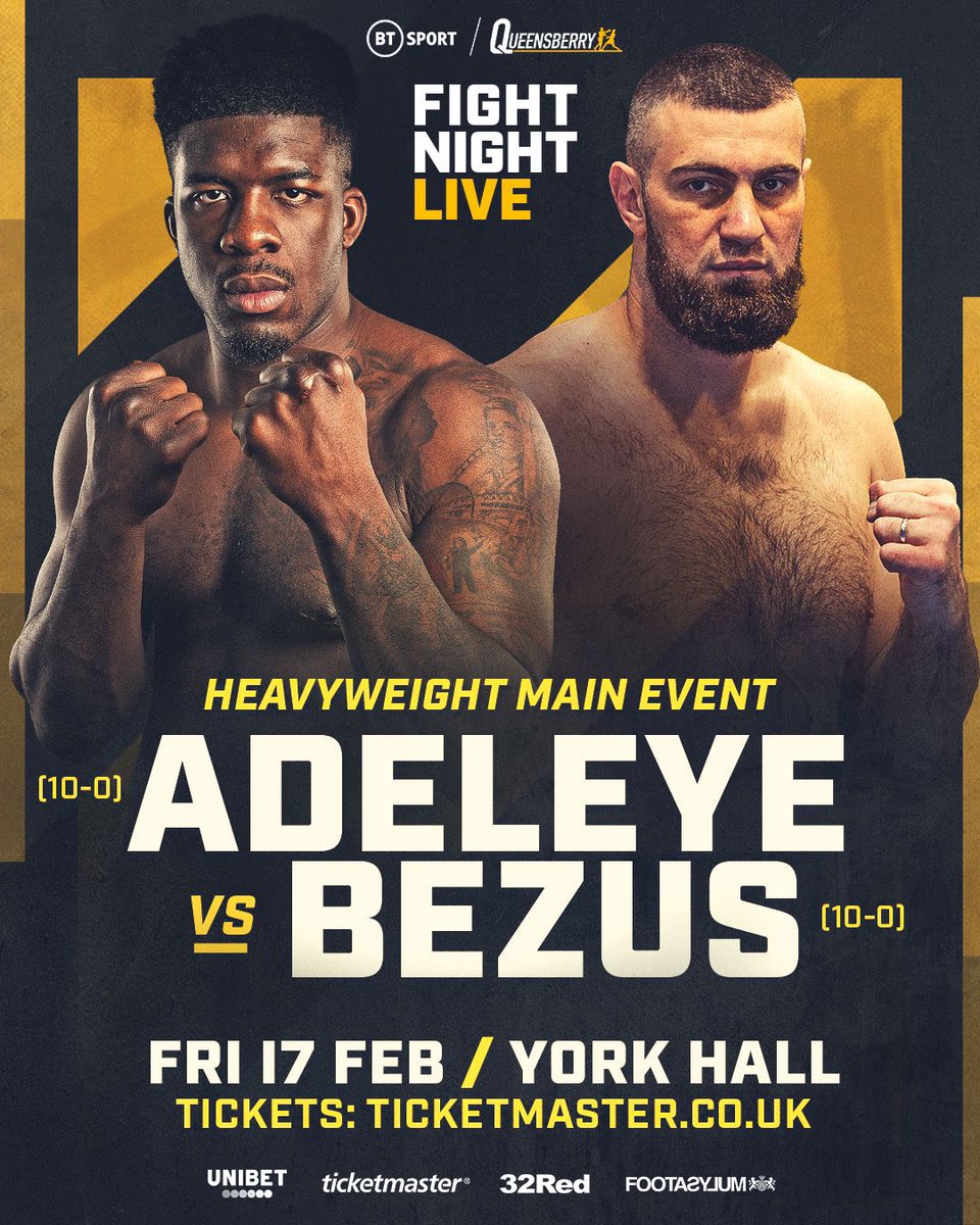 THE MAIN EVENT 

Heavyweight prospect <a href="/DavidAdeleye/">David Adeleye</a> will headline York Hall in his next bout February 17.

<a href="/sugarboyroy/">Royston Barney Smith 'Sugar Boy'</a> &amp; <a href="/Adan_Mohamed365/">Adan Mohamed</a> amongst the other prospects on the undercard. 

#boxing